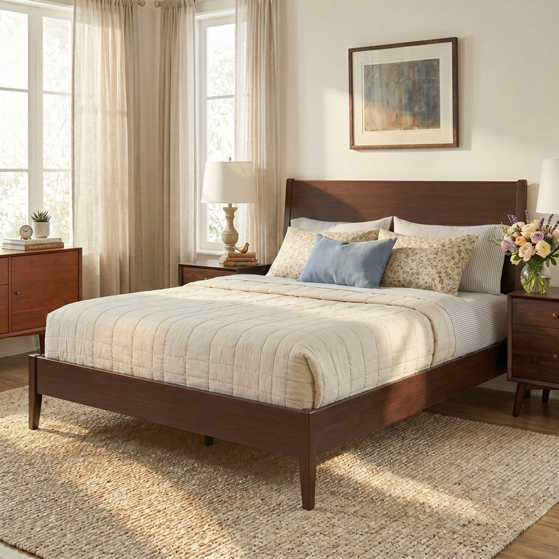 Structure de lit plateforme en bois de bambou massif de style Mid-Century avec lattes de bois et support en métal, lit-bateau, aucun sommier requis, assemblage facile