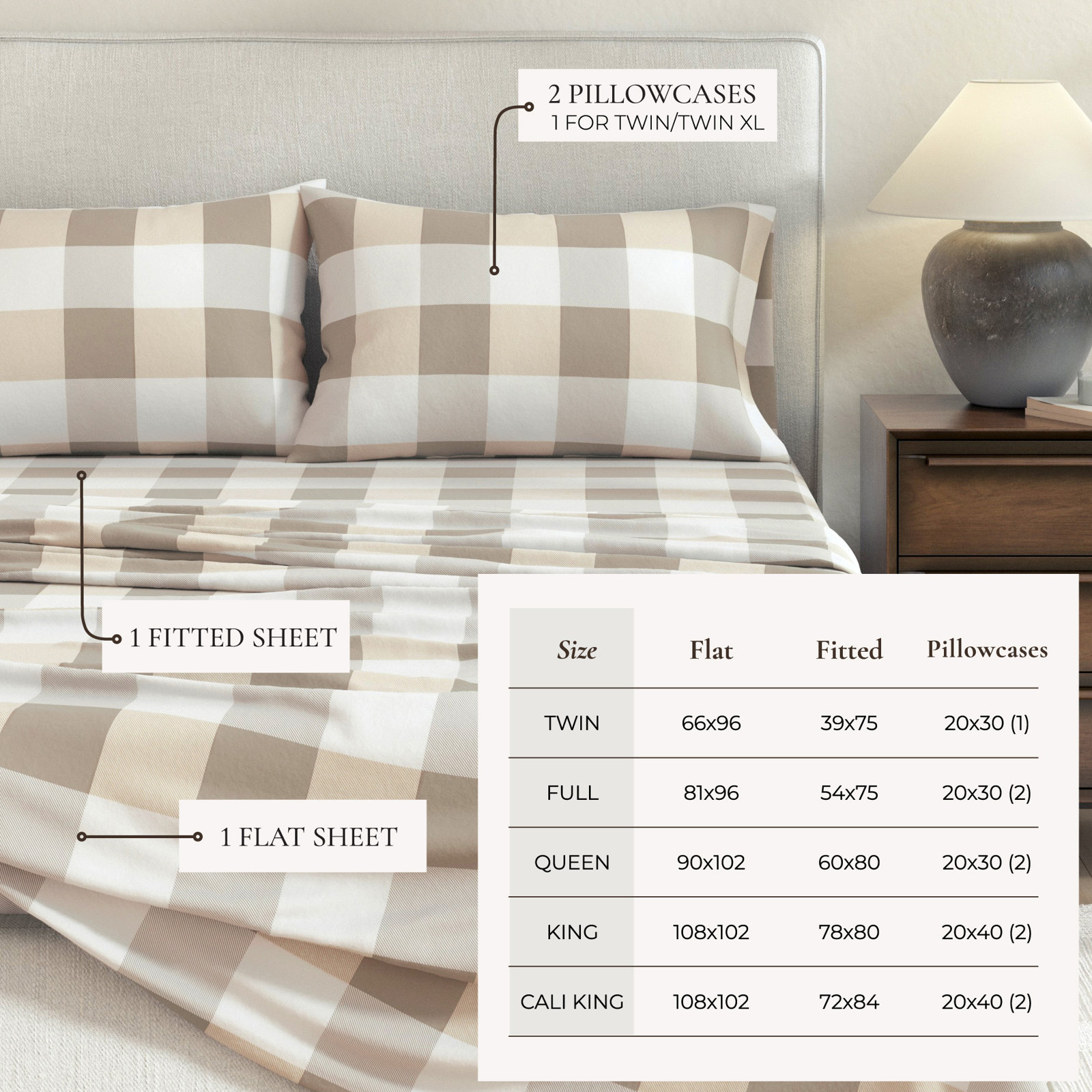 Raye Cotton Flannel Sheet Set, California King with 2 Pillowcases, Buffalo Check - Soft Taupe / Pale Gray