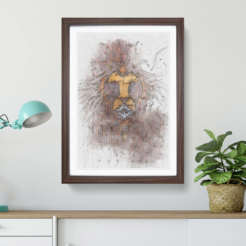 Lion Art in Abstract - Picture Frame Graphic Art Print, 60cm H x 40cm W x 2cm D, Walnut