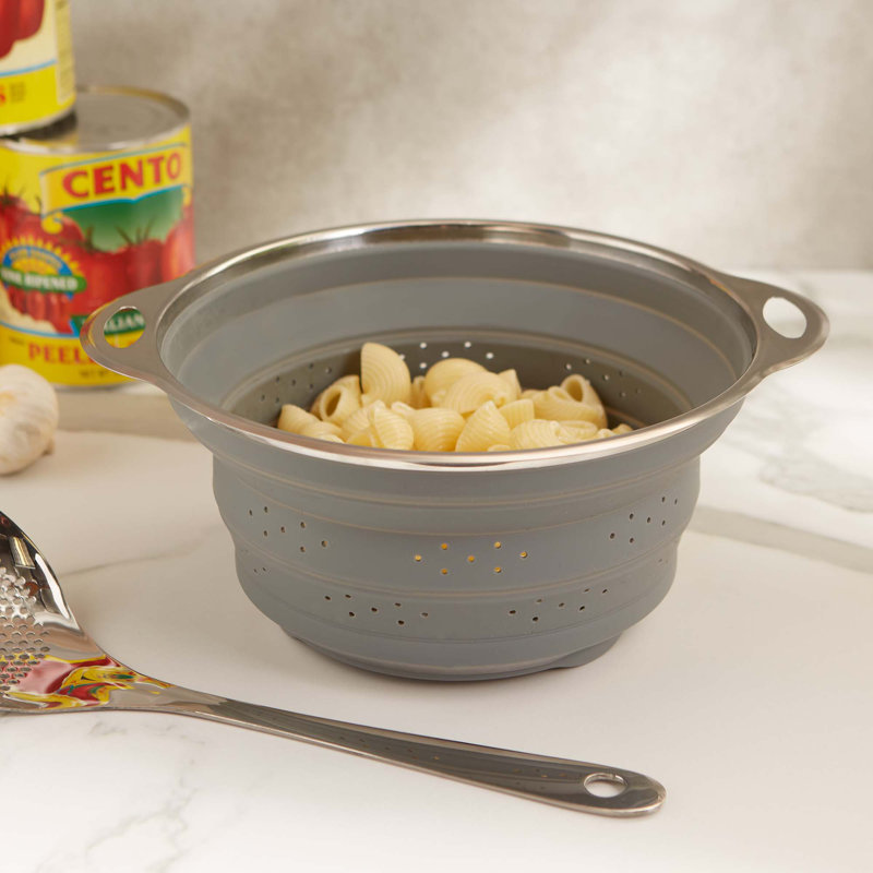 Gray Silicone and Stainless Steel Collapsible Colander, 9.5-inch