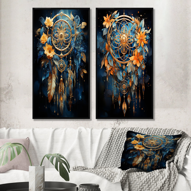 Mirage de rêve noir et bleu - ensemble de 2 reproductions d'art sur toile, Cadre noir, H 32 po x l 33 po
