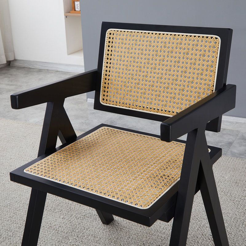 2 chaises de salle à manger avec accoudoirs, bois d'hévéa noir et tissage, élégance rétro pour le salon, chaises confortables en noir, solide avec une belle pièce