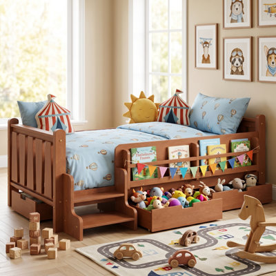 Lit d'enfant en bois massif avec bibliothèques de rangement et tiroirs, lit pour tout-petit avec escalier et garde-corps Montessori