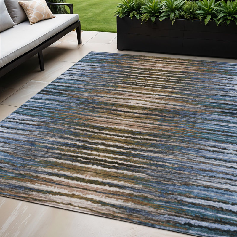 Tapis extérieur lavable rayé bleu brun et bleu ciel 5 pi x 8 pi