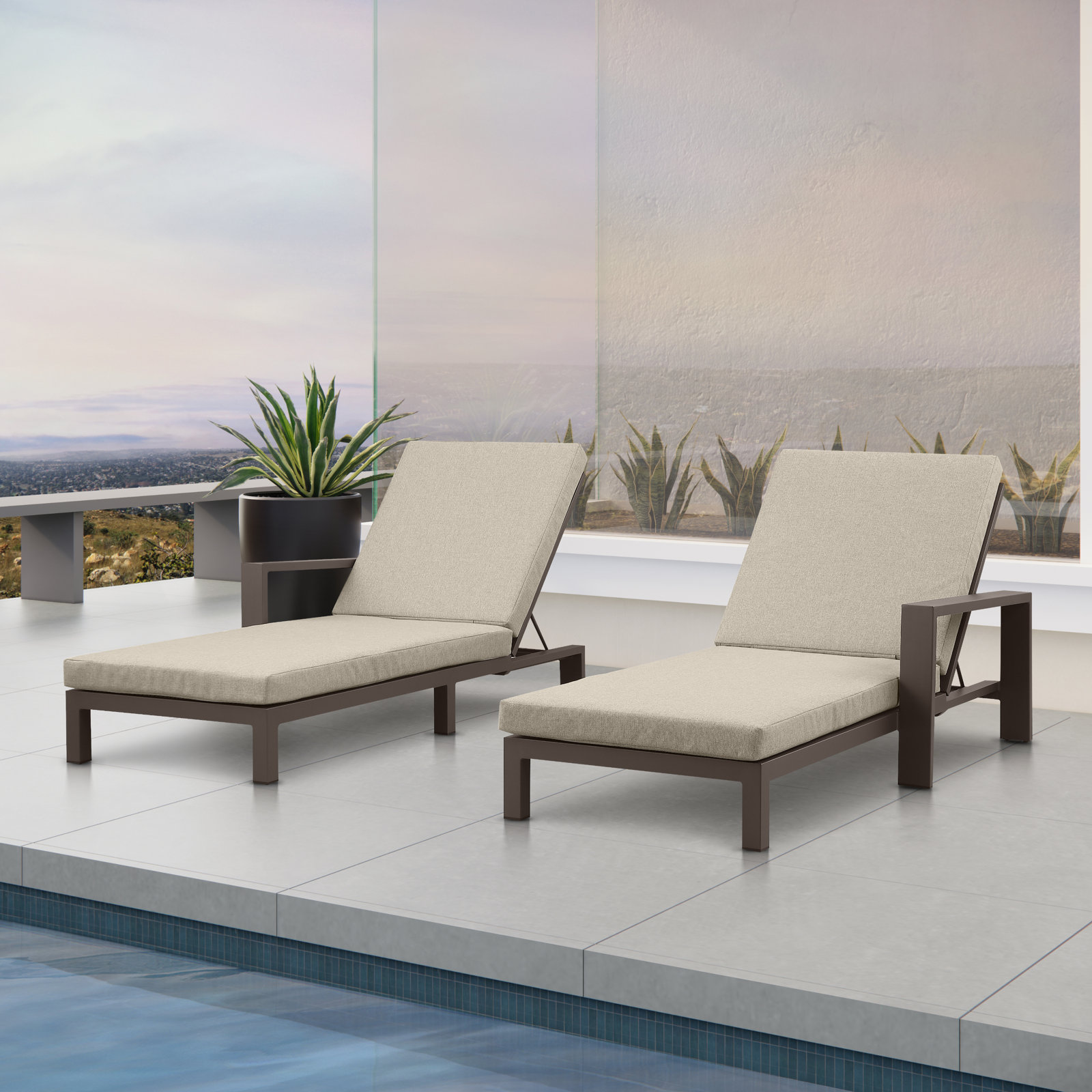 Hoyt Outdoor Metal Double Chaise Lounge, Khaki Cushion/Bronze Frame