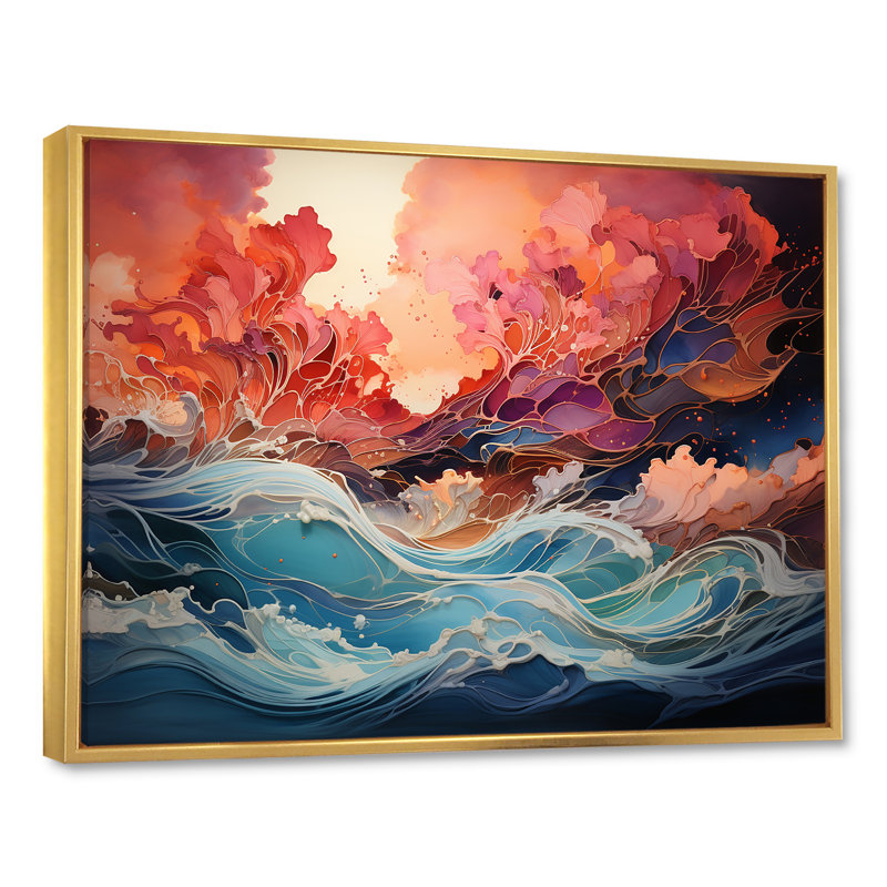 Art japonais sur toile, "Tempête japonaise", Cadre flottant doré, H 34 po x l 44 po x P 1,5 po