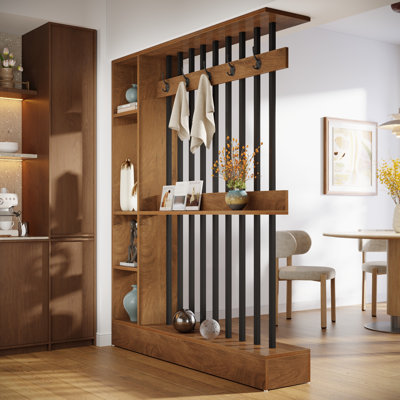 Bibliothèque murale en bois autoportante avec tablettes et crochets à manteau, cloison moderne 71 "pour la maison et le bureau, brun, l 59,06" x P 11,81 "x H 70,87"
