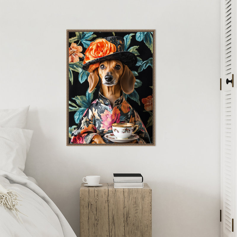 "Tea Time Dachshund" par Keyshanna, reproduction d'art sur toile encadrée, H 30 po x l 23 po