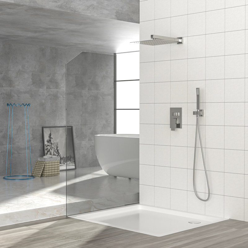Dual Function 12 Inch Wall Mounted Brushed Nickel Shower Head, Balanced Valve, Rainfall And Handheld With 360 Swivel For All - Around Use System, Various Needs
