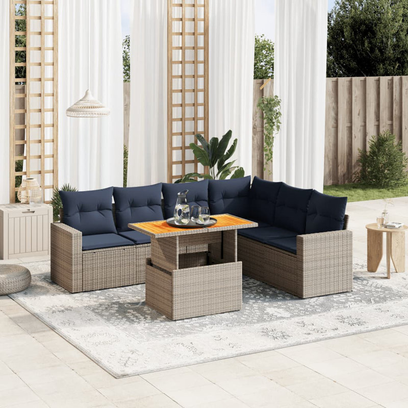 Ensemble de canapé de patio 7 pièces avec coussins en rotin de polyester, Gris, Marine