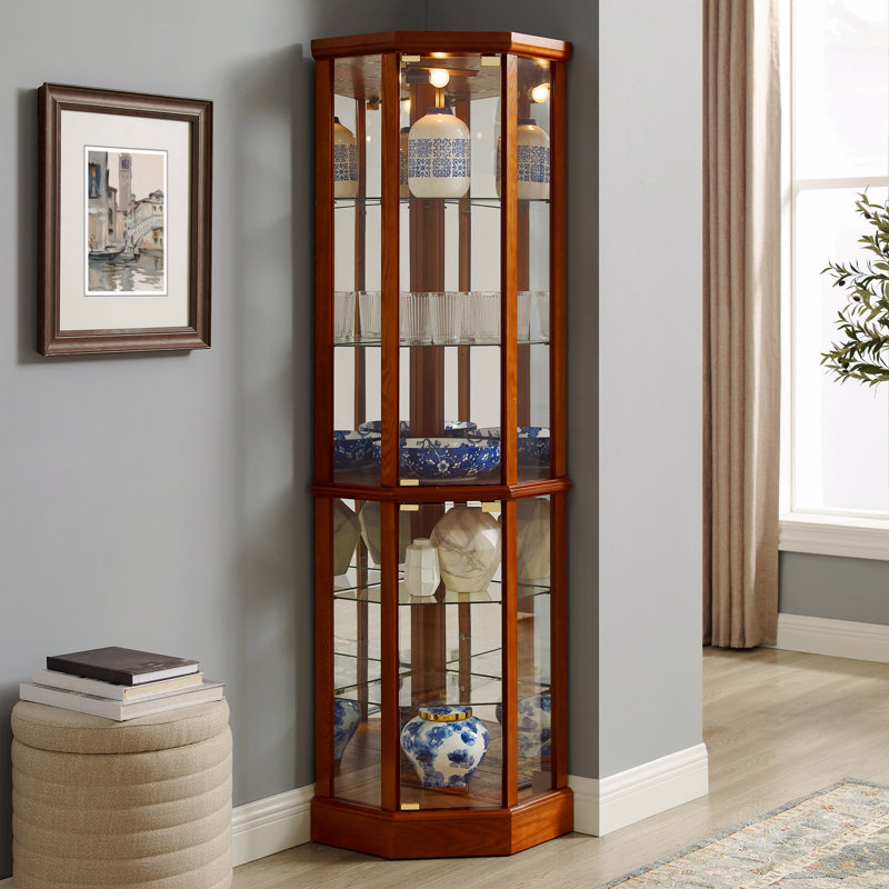 6 Shelf Lighted Corner Cabinet With Adjustable Tempered Glass Shelves And Mirror Back, Brown