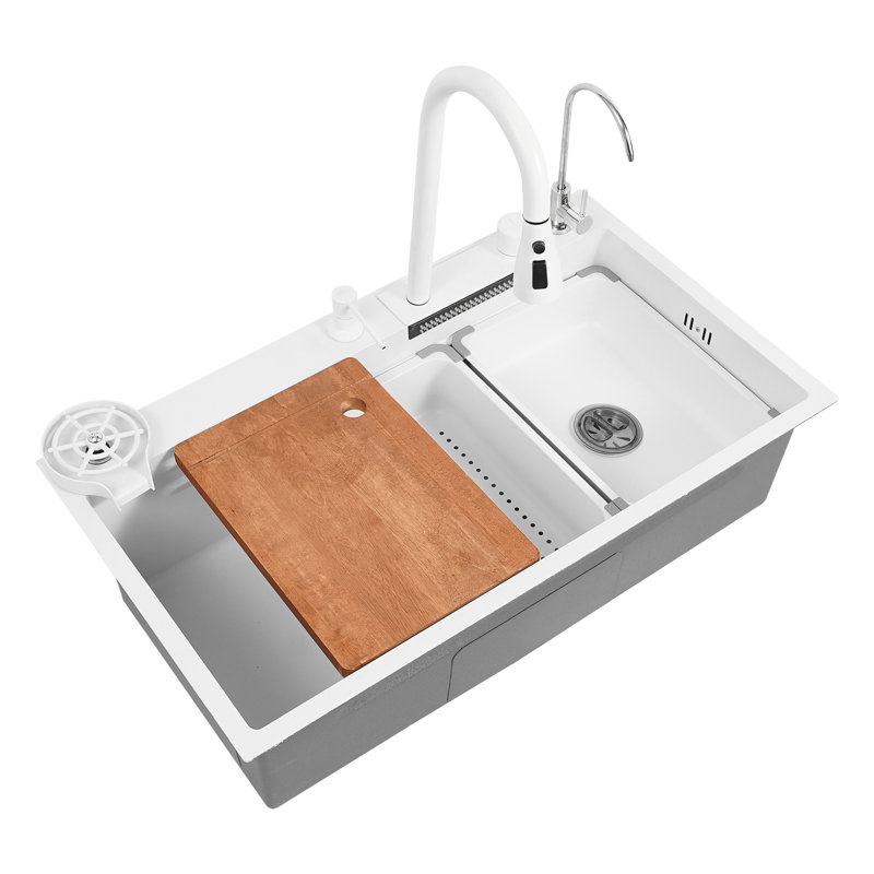 Évier de cuisine rectangulaire en acier inoxydable blanc 31,5 pouces avec un seul bol, robinet et planche