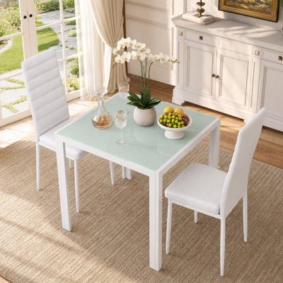 3-Piece Dining Table Set, Glass Dining Table with 2 Faux Leather Chairs