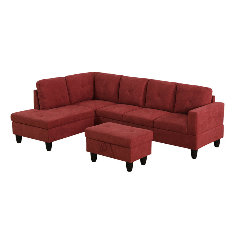 Halid Wide Sofa & Chaise with Ottoman, Left Hand Facing, Maroon Microfiber