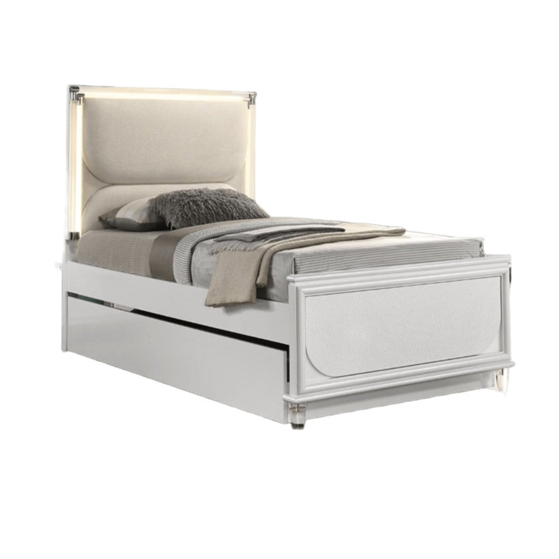 Structure de lit simple contemporaine Pearl White avec revêtement en tissu, bois d'hévéa massif, bois d'ingénierie et tête de lit à DEL avec tissu décoratif, panneaux améliorés