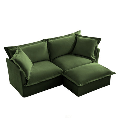 Slipcovered Sectional 2 Seater Sofa Couch With Convertible Ottoman, Wide And Deep Seat L Shaped Sofa With Detachable Cover And Soft Multiple Big Pillows, Chenille Fabric, Green