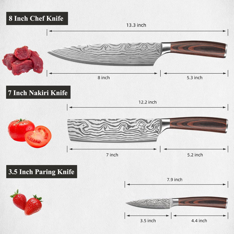 Ensemble de couteaux de cuisine professionnel 3 pièces avec pales en acier inoxydable à haute teneur en carbone et poignées ergonomiques en bois