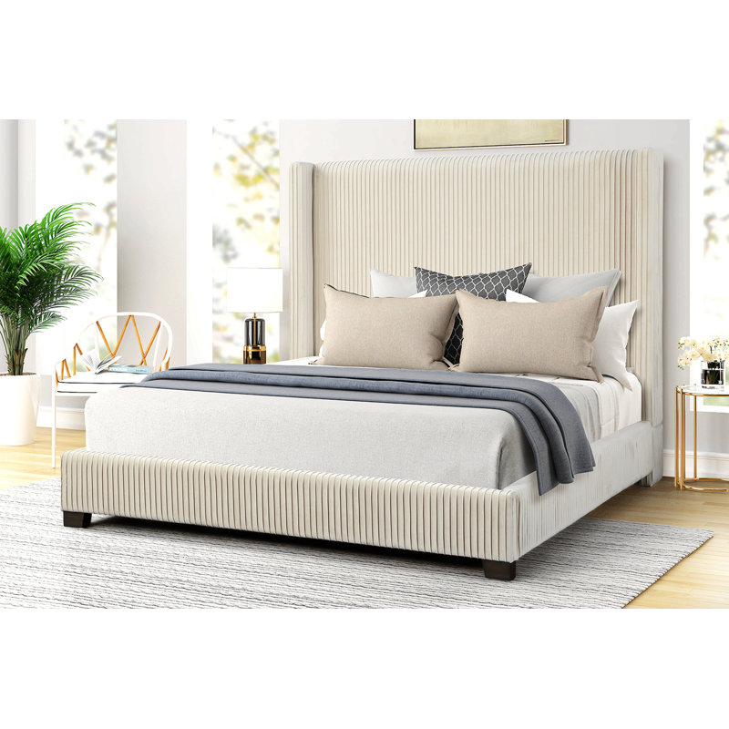 Aazad Pleated Upholstered Bed, Queen, Beige
