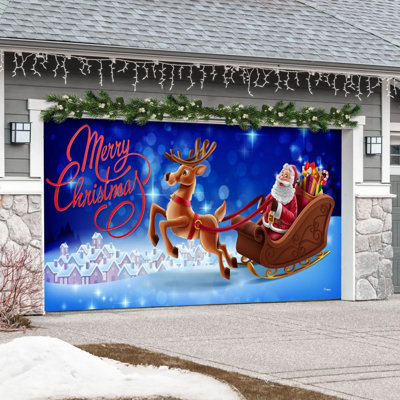 Bannière de porte de garage double 7 pi x 16 pi Magical Santa's Reindeer - Décorations des Fêtes pour l'extérieur