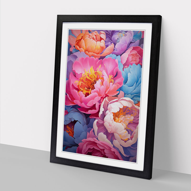 Peony Flower Colour Field - Single Picture Frame Print on Wood, Black Framed, 34cm H x 25cm W x 2cm D