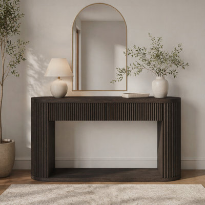 Console ovale cannelée avec 2 tiroirs et tablette inférieure, table d'entrée en bois avec glissières en métal lisse pour le salon et le vestibule