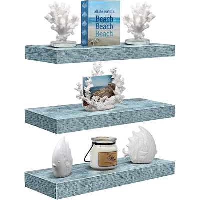 Floating Shelves For Wall - 3 Pack Coastal Beach Wall Decor For Bedroom, Bathroom, Living Room, Office, Home & Kitchen - White/Grey/Blue Rustic Wood Hanging Wall Shelf For Books, Frames, Trophy