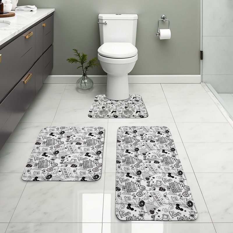  Ensemble de tapis de salle de bain noir et blanc 3 pièces en U et tapis rectangulaires blanc et noir