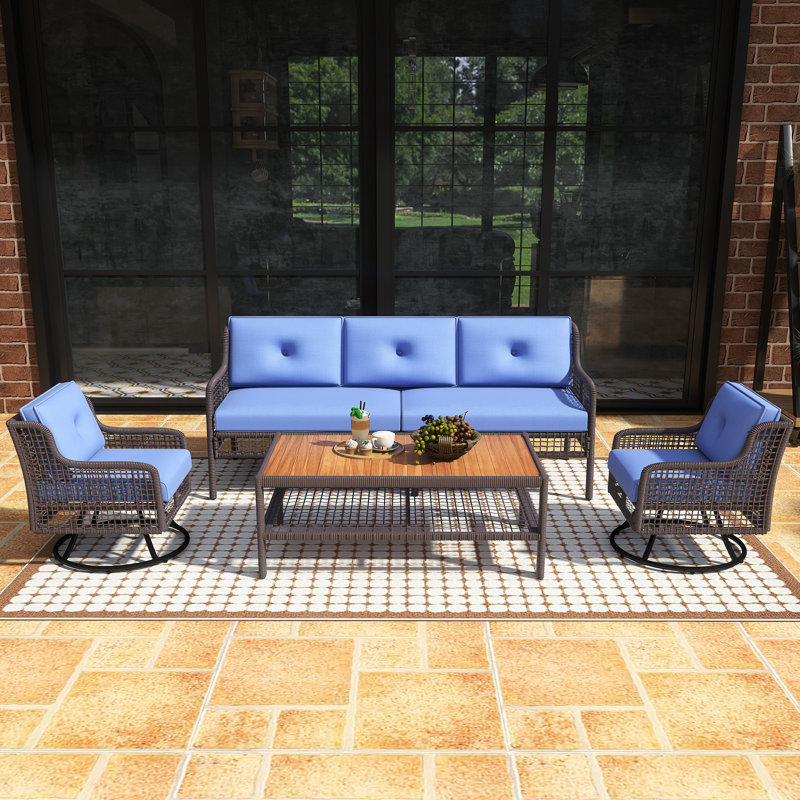 Ensemble de canapés de patio en osier 4 pièces avec chaises pivotantes, Coussin bleu / cadre noir