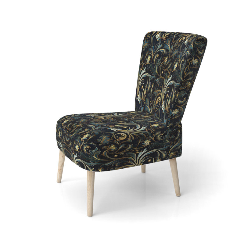 Gold And Green Luxury Damask Pattern - Upholstered Boho Side Chair, Ikat Pattern Accent Chair