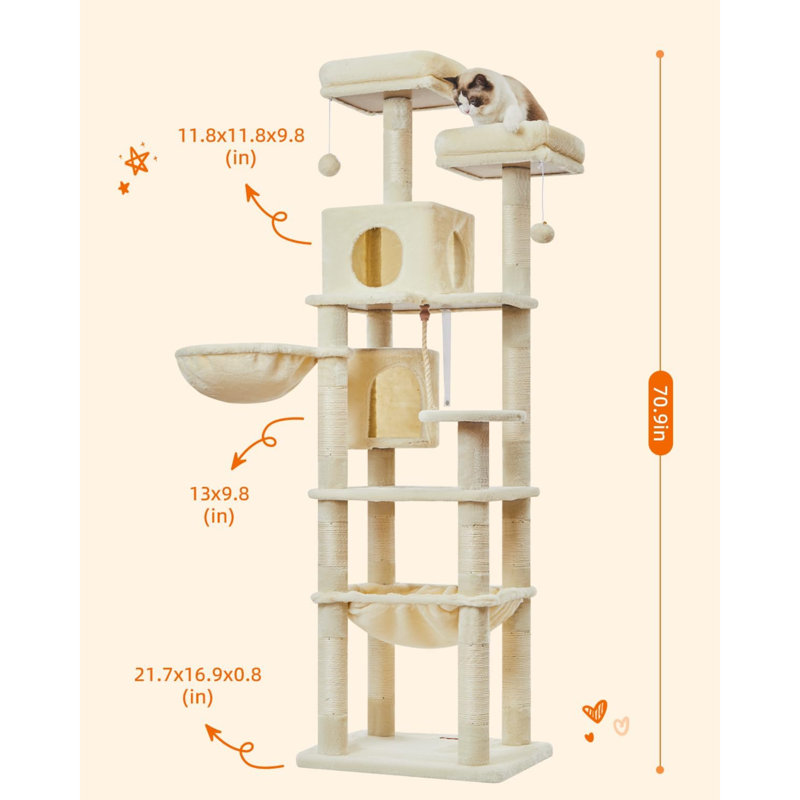 Arbre à chat pour chat, peluche pour chat à plusieurs niveaux avec 12 poteaux à griffer, 2 perchoirs, 2 grottes, hamac, 2 pompons, tableau à gratter pour chats d'intérieur - MS023LM beige