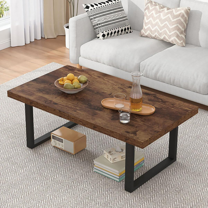 Table de centre industrielle industrielle en bois et métal rectangulaire, table à thé / café rétro minimaliste moderne - brun rustique