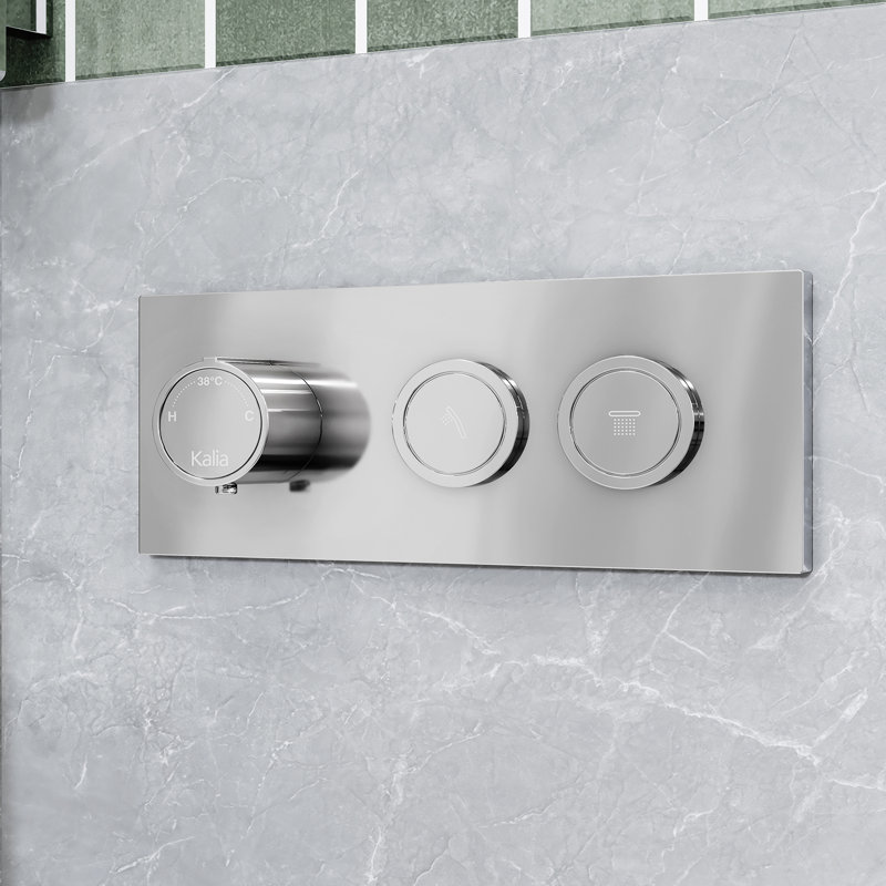 RoundOne - Système de douche complet thermostatique avec valve à bouton-poussoir - Bras vertical, Chrome