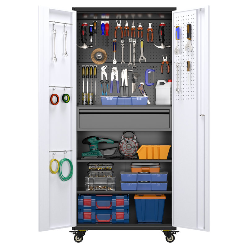 30 In. W X 71 In. H X 15 In. D 2-shelf Metal Freestanding Storage Cabinet With Multipurpose Pegboard In Gray And White