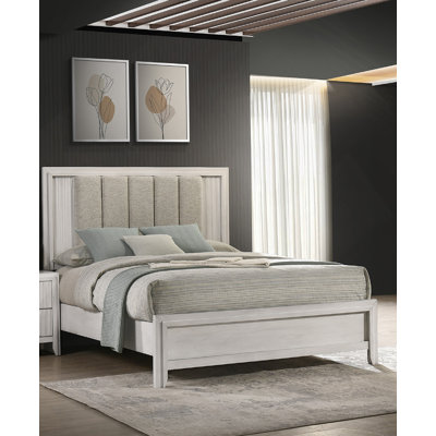 1Pc Queen Size Bed Mist White Finish Sleek Linear Details Plush Upholstered Headboard Framed Wooden Bedroom Furniture