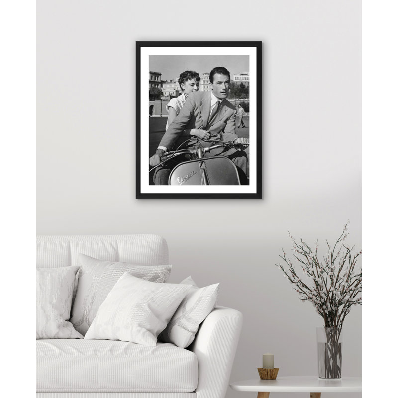 Audrey Hepburn And Gregory Peck Riding A Vespa In The Famous Film "Roman Holiday" - Print on Wood