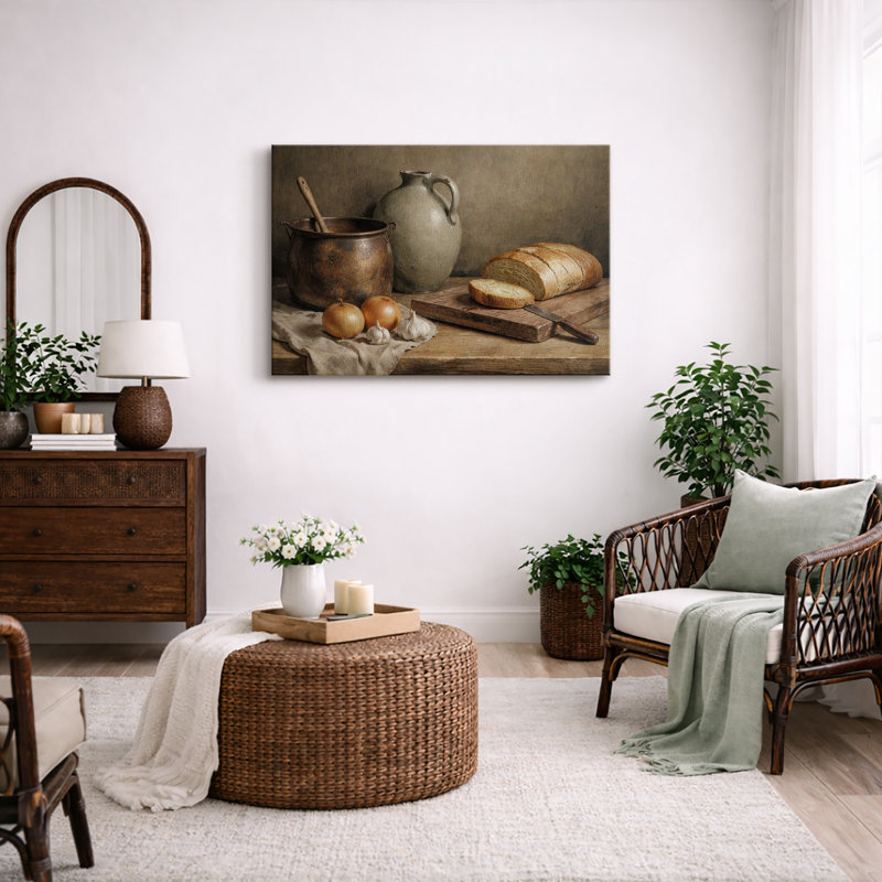 Rustic Kitchen Still Life with Bread and Pottery - Pictures Framed Canvas Print Wall Art, Wrapped Canvas, 24" H x 36" W