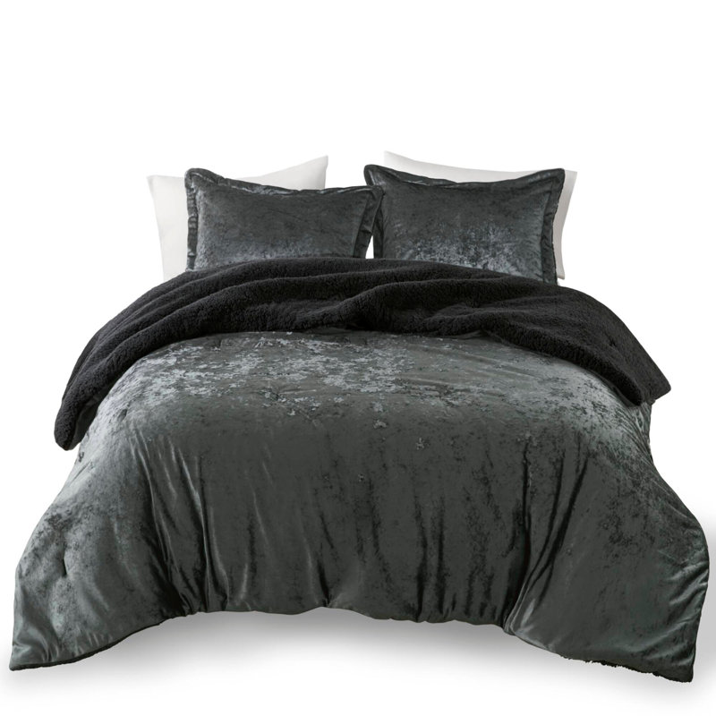 Ensemble d'édredon réversible en sherpa 3 pièces, Gris anthracite, Édredon double et 2 taies décoratives