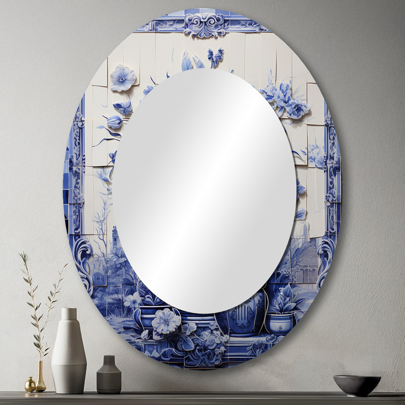 Miroir mural bleu et blanc Boho Flower Pottery II - Blue Bohemian, H 43 po x l 33 po