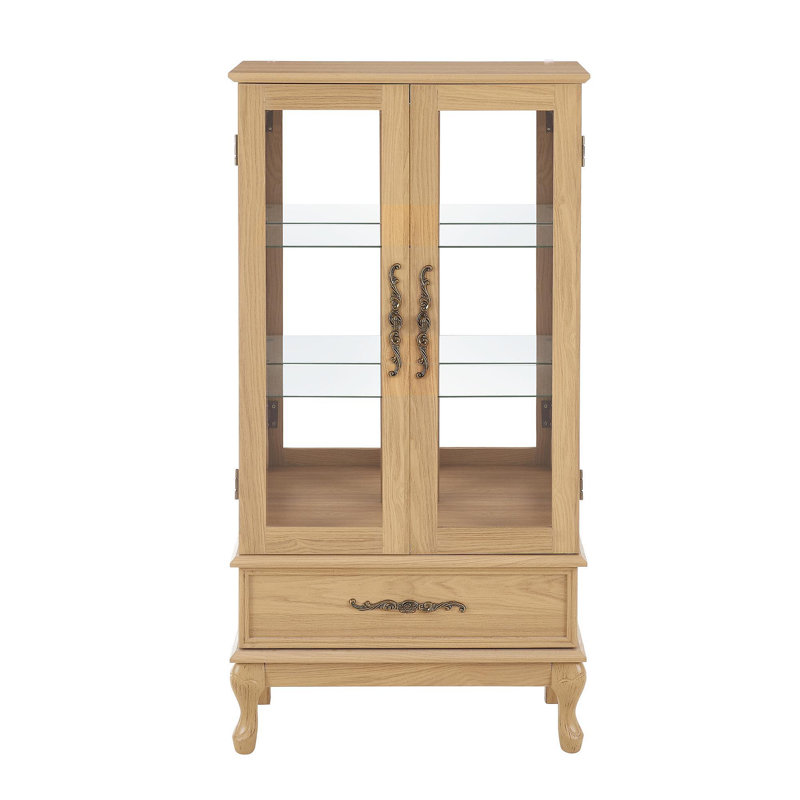 Lighted Curio Cabinet - Elegant Glass Display Cabinet With Adjustable Shelves, 2 Doors, And 1 Drawer - Wine Storage Sideboard With Included Bulb - Light Oak Finish
