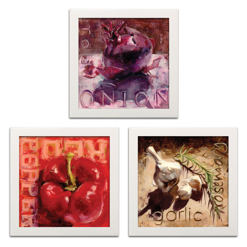 «Pepper, oignon, ail et romarin» par Annie Salness - ensemble de 3 reproductions d'art, H 12 po x l 12 po x P 0,75 po