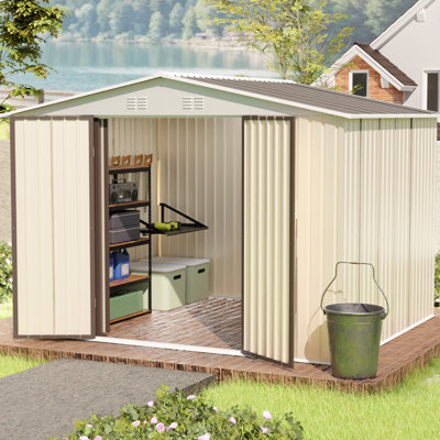 Abri de jardin extérieur blanc crème 10x8 pieds avec cadre en alliage d'aluminium, porte à charnières et conduits de ventilation pour la circulation de l'air.
