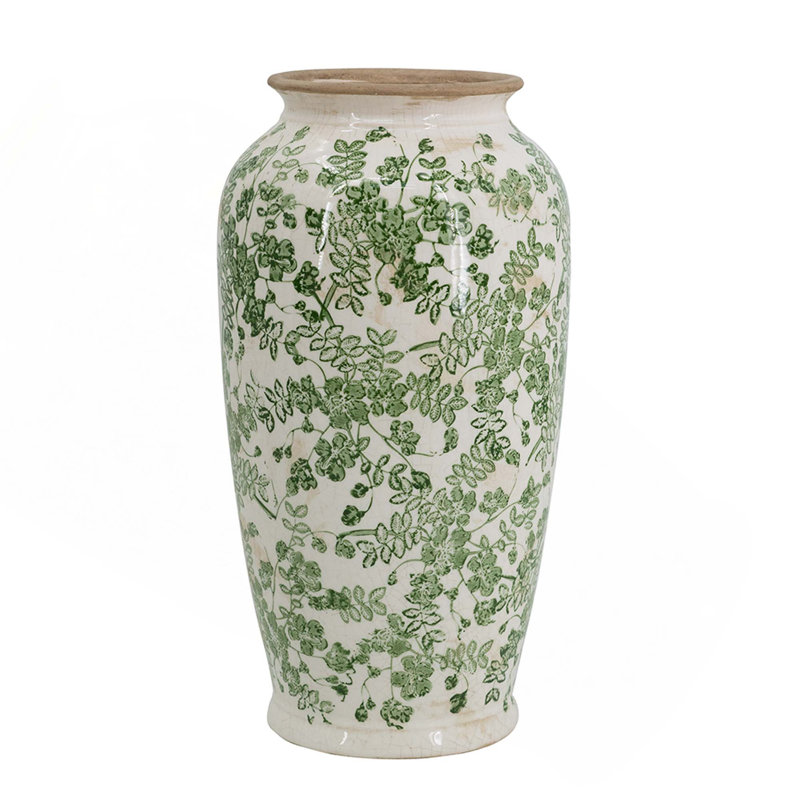 White Ceramic Flower Vase With Green Floral Pattern, 14.6" H x 7.7" W x 7.7" D