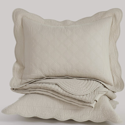 Washed Cotton Scalloped Edge Quilt Set for Farmhouse Bedroom， OEKO-TEX Certied