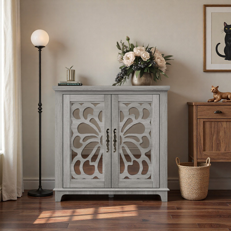 Élégant buffet avec 2 portes en miroir en acrylique et buffet avec rangement, armoires décoratives creuses et support en panneau de fibres à densité moyenne, tablette spacieuse réglable, salon, cuisine