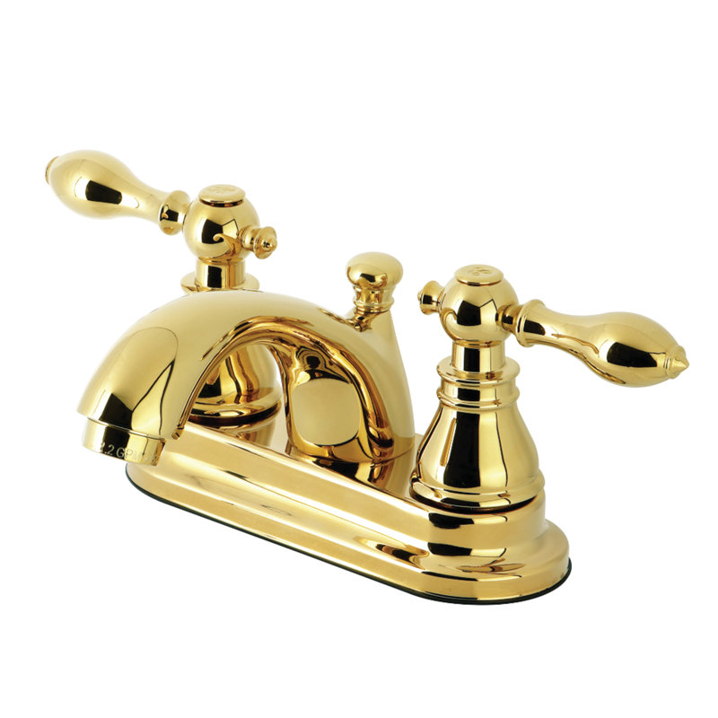 Kingston Brass American Classic Two-Handle 3-Hole Deck Mount 4" Centerset Bathroom Faucet with Plastic Pop-Up, Polished Brass