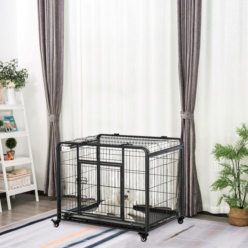 Cage et cage pour chien en métal robuste et pliable avec plateau et couvercle amovibles et 4 roues verrouillables, intérieur / extérieur 38 po