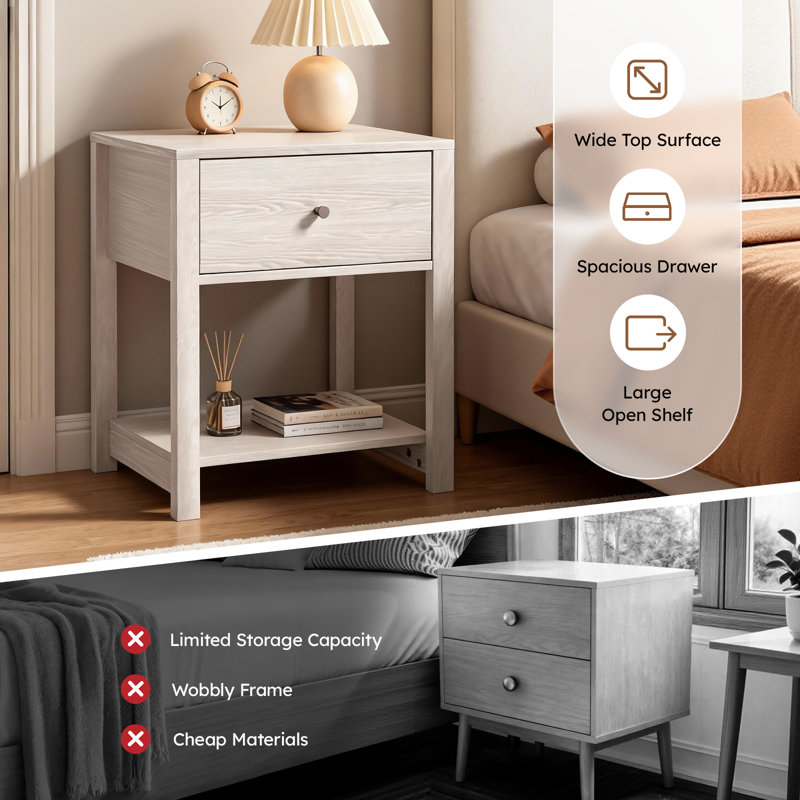 White Nightstand Set Of 2, Modern Nightstand Bedside Table With Drawer And Large Storage Shelf, End Tables Side Tables For Bedroom, Mesa De Noche For Small Spaces