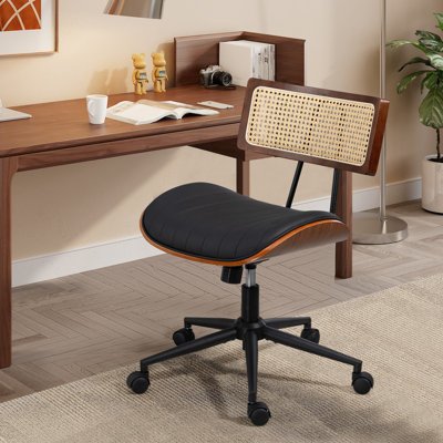 Armless Home Office Desk Chair with Rattan Back, Leather Task Chair with Wheels by Bay Isle Home