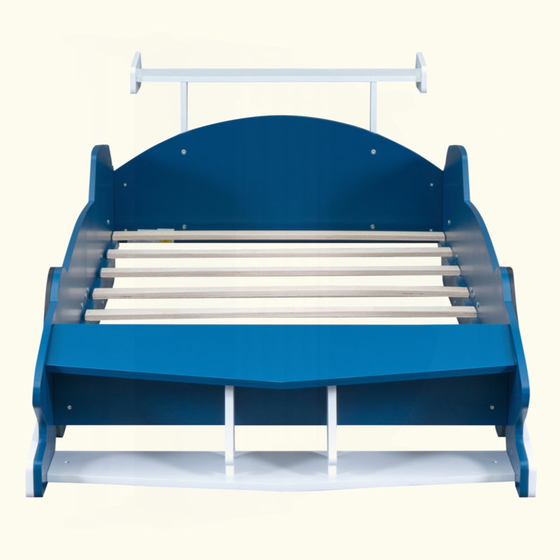 Race Car-Shaped Platform Bed With Wheels, Blue