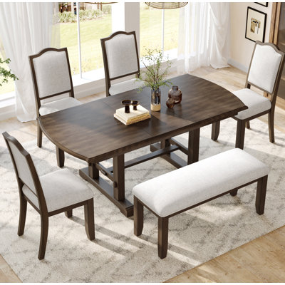 Ensemble de table de salle à manger 6 pièces, table de salle à manger extensible en bois de 60 à 78 pouces avec rallonge amovible, ensemble de table de cuisine avec 4 chaises d'appoint et banc rembourrés, ensemble de table de salle à manger pour 6